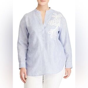 RALPH LAUREN BLUE  EMBROIDERED LINEN BLOUSE TUNIC 2XL